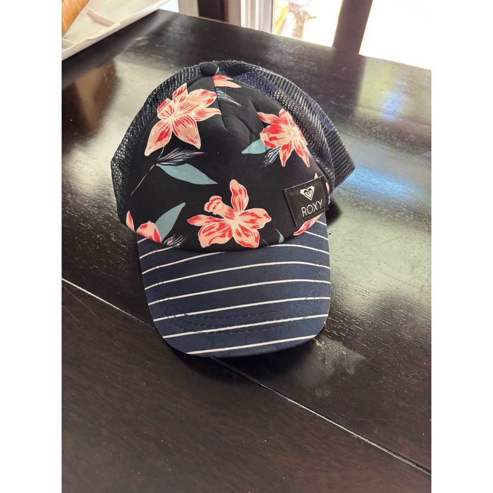 Roxy Floral Hibiscus Striped Trucker Hat Navy Blue Mesh Snapback Cap